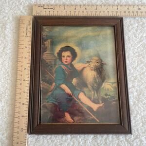 Vintage Infant St. John the Baptist Lamb Religious Print in Wooden Frame 1940s